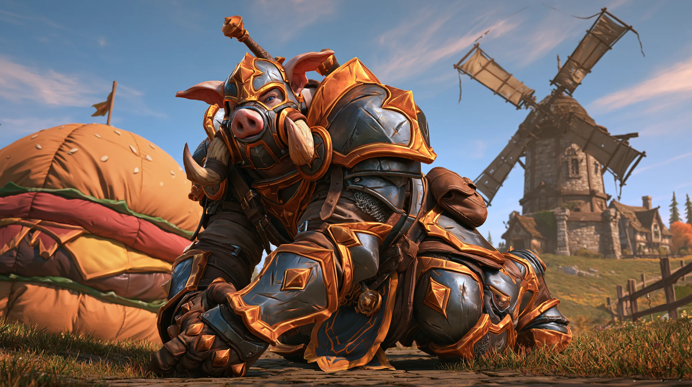 Grithle in gilded plate armor crouching in a field, a windmill and village on the hill behind
