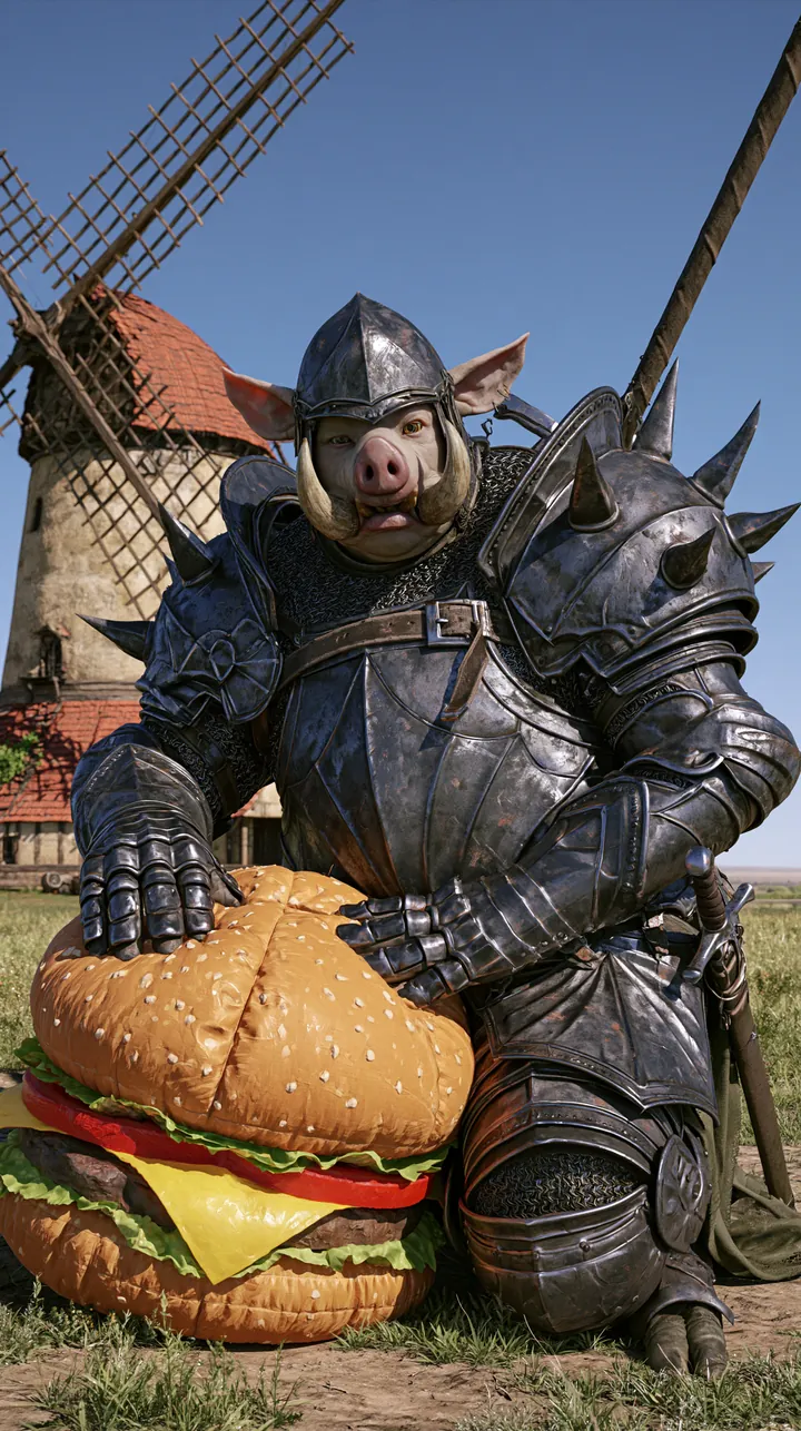 Grithle in dark spiked plate armor kneeling beside a giant cheeseburger in front of a windmill