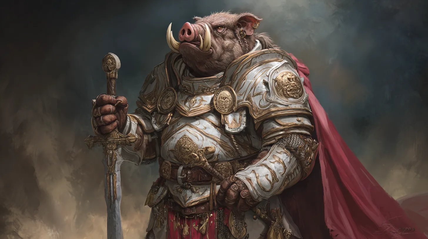 A painted portrait of Grithle in white and gold armor with a crimson cape, hands resting on a longsword