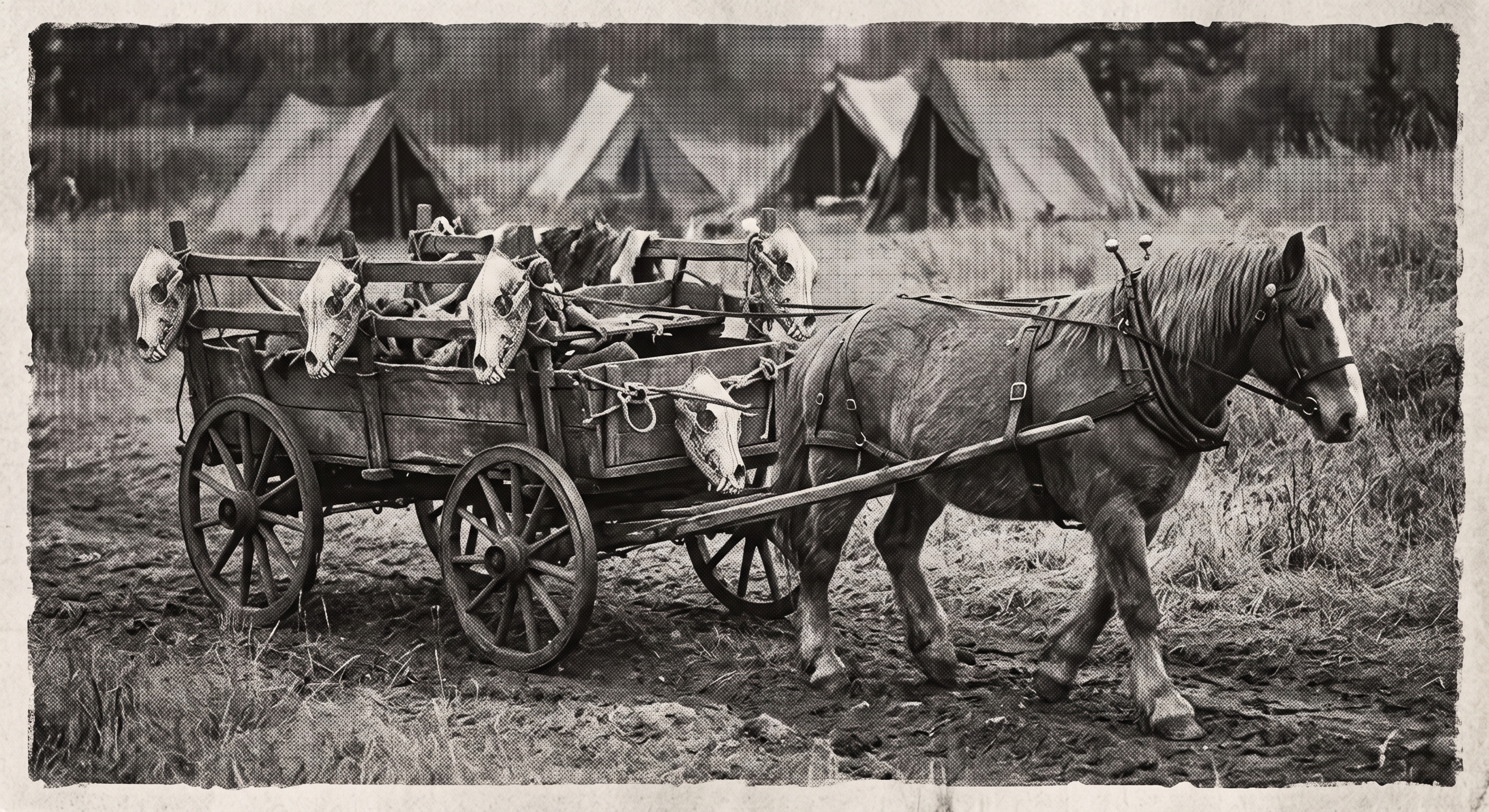 A horse-drawn cart at the Vistani camp, wolf skulls mounted along its rails and a bear skull at the front.